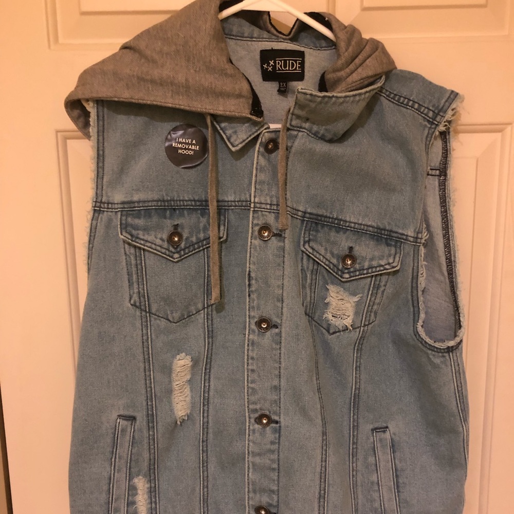 RUDE XXX DENIM REMOVABLE HOODED VEST 2XL DISTRESS